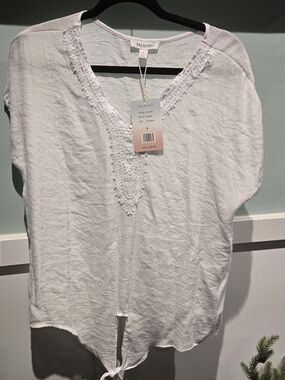 Palm Rio Womens Small White Linen Tie Front Boho Blouse Embroidered Lace NWT